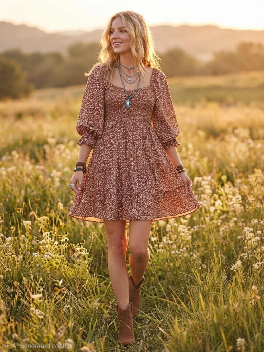 Peach Love California Brown Leopard Print Square Neck Puff Sleeve Mini Dress Sz